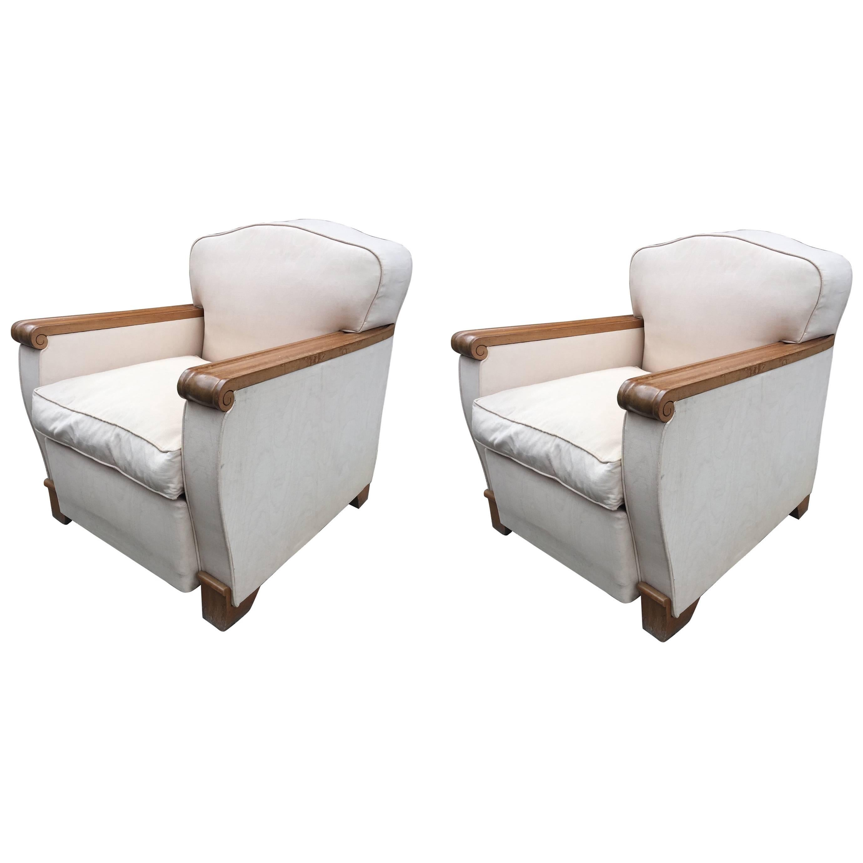 Gaston Poisson, Pair of Art Deco Blond Mahogany Armchairs For Sale