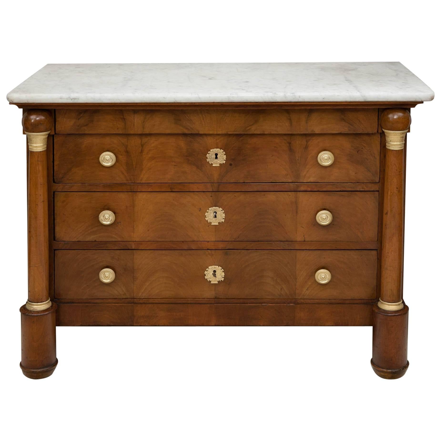 Late French Empire Period Blonde Walnut Commode with White Marble, circa 1815 For Sale