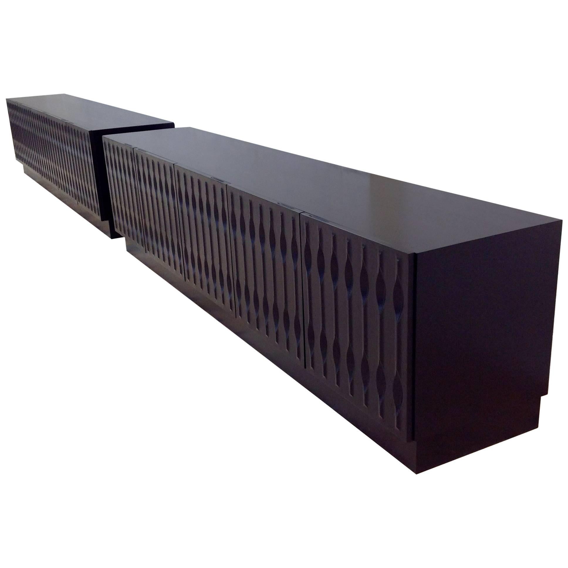 Two Black Brutalist Credenzas with Graphical Doors For Sale