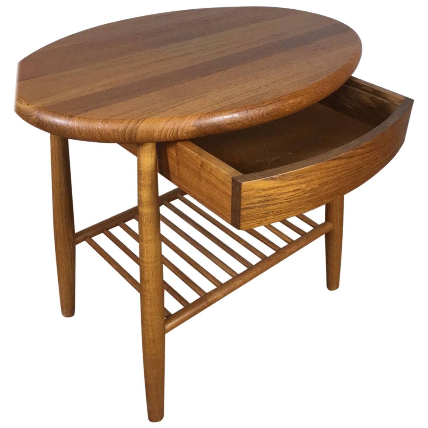 Solid Teak Side Table with Drawer and Magazine Shelf