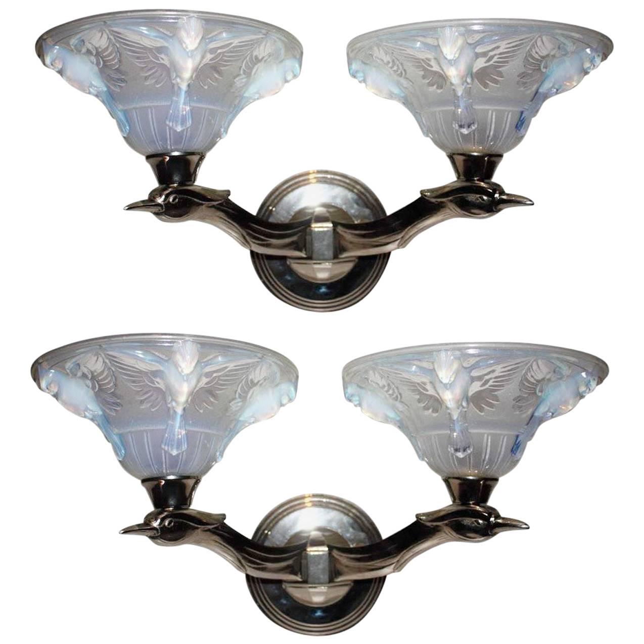 Pair of Wall Sconces, Nickeled Bronze and Opalescent Glass, France, circa 1925