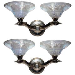 Pair of Wall Sconces, Nickeled Bronze and Opalescent Glass, France, circa 1925