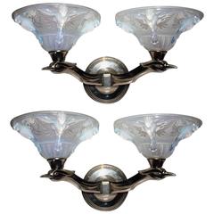 Pair of Wall Sconces, Nickeled Bronze and Opalescent Glass, France, circa 1925 6