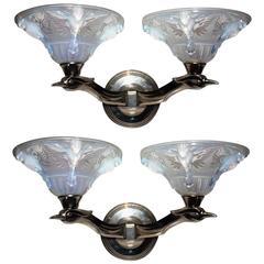 Pair of Wall Sconces, Nickeled Bronze and Opalescent Glass, France, circa 1925 5