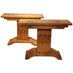 Antique Pair of French Art Deco Walnut Console Tables, circa 1920s
