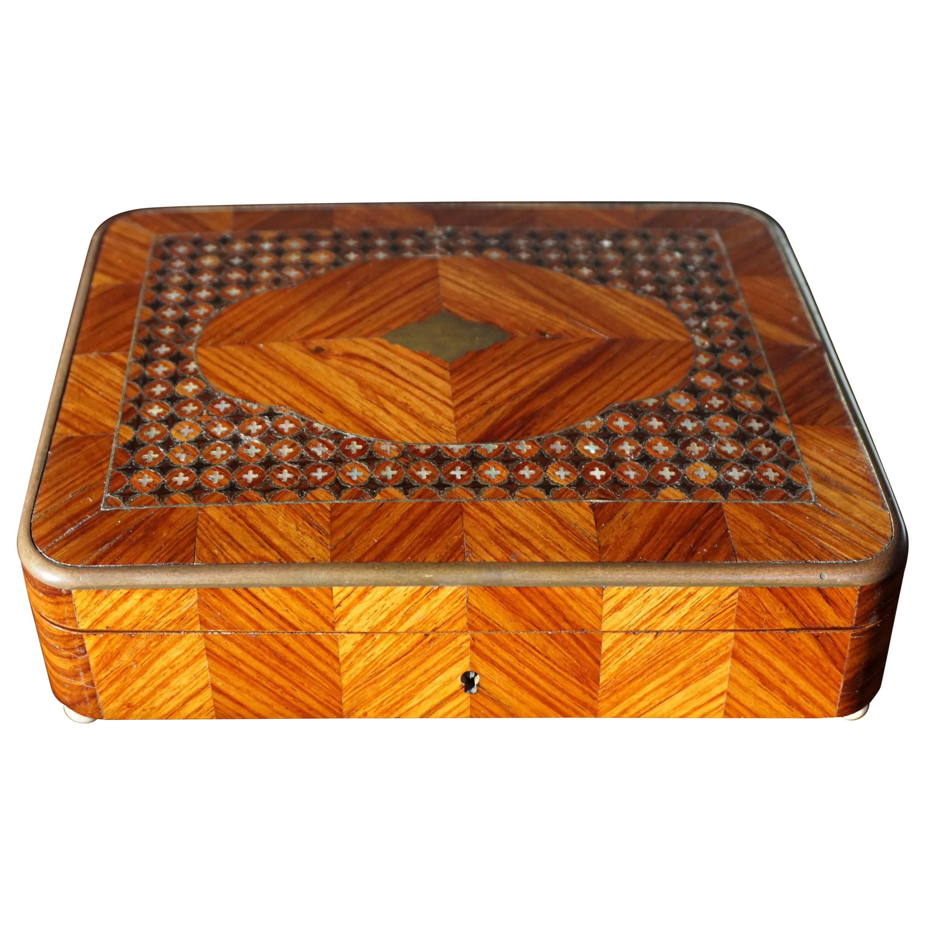 Antique & Unique French Satinwood and Nutwood Jewelry Box with Brass Inlay 1800s For Sale