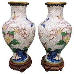 Pair of Antique White Chinese Cloisonné Enameled Vases