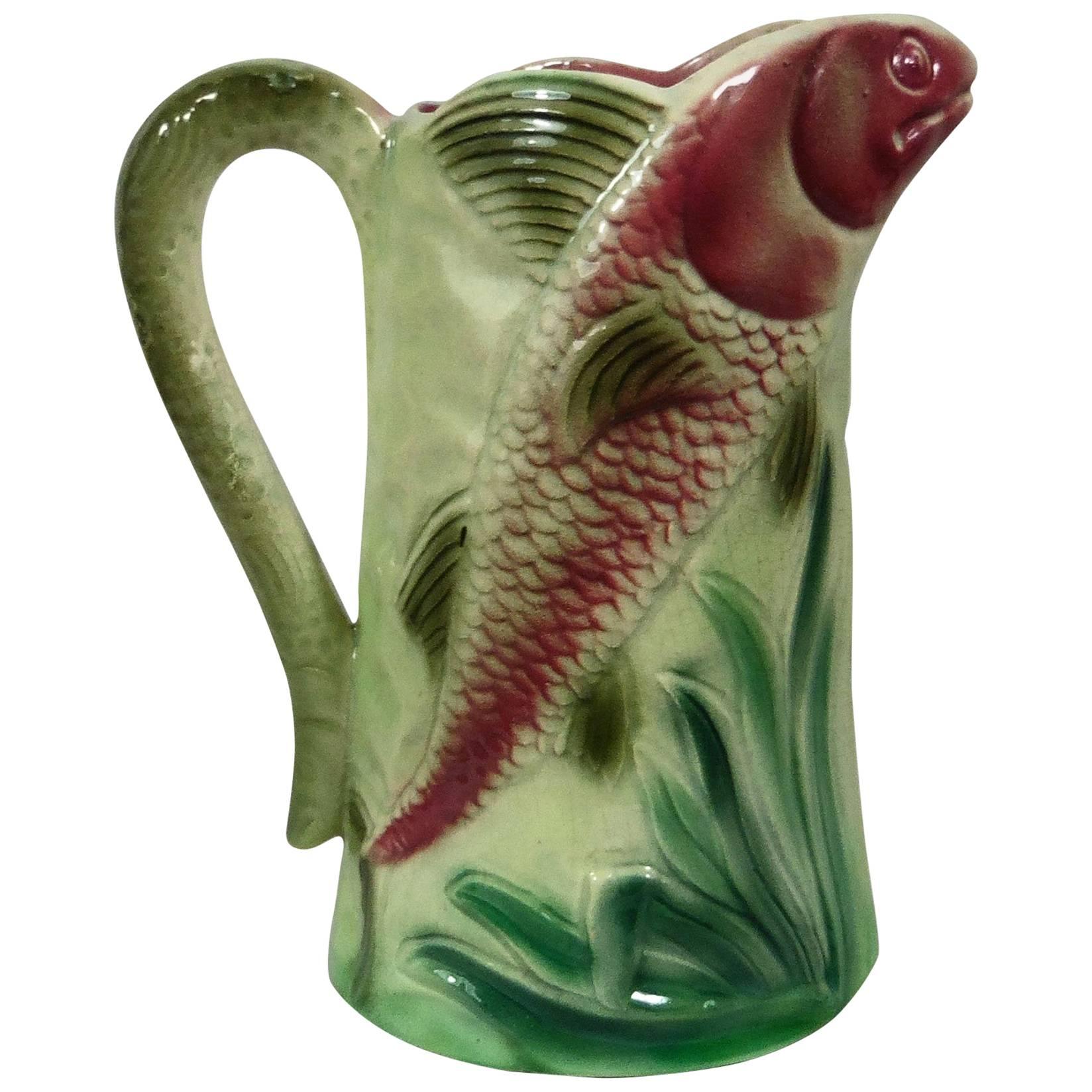 French Majolica Fish Pitcher, circa 1920 For Sale