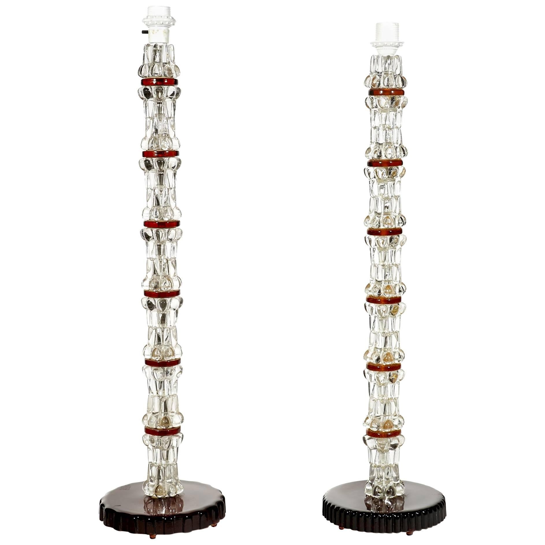 Pair of Stacked Crystal Lamps by Carl Fagerlund for Orrefors of Sweden For Sale