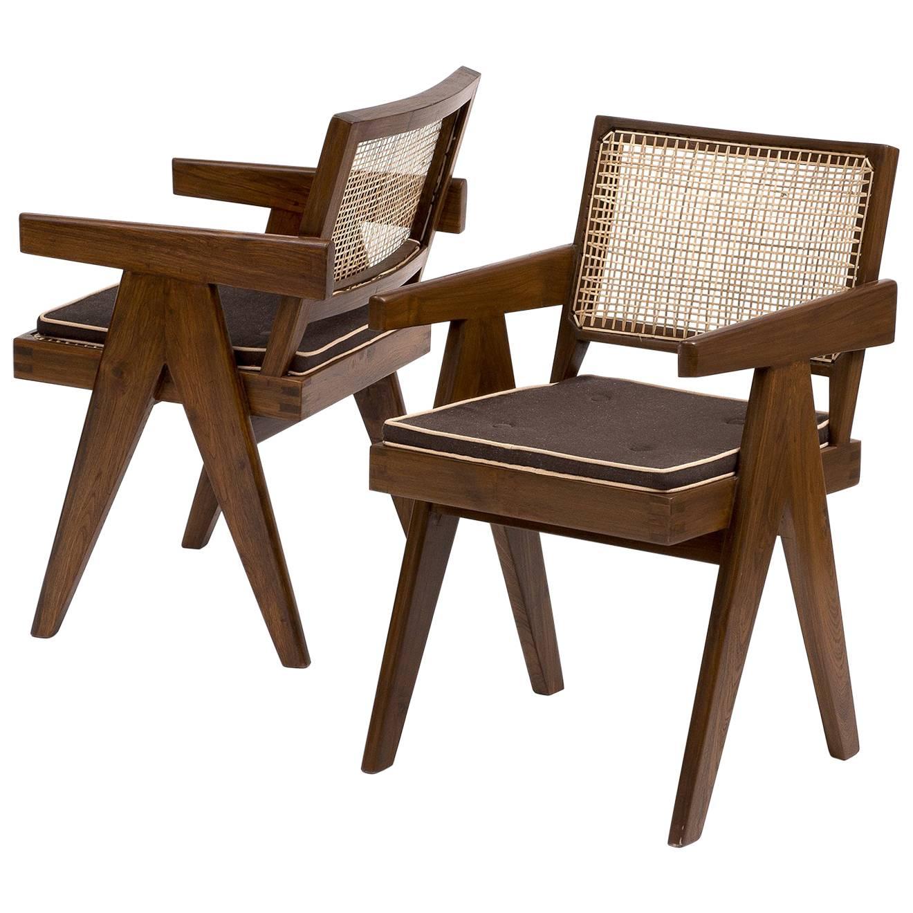 Pair of Pierre Jeanneret Armchairs in Teak and Cane for Chandigarh, 1950s