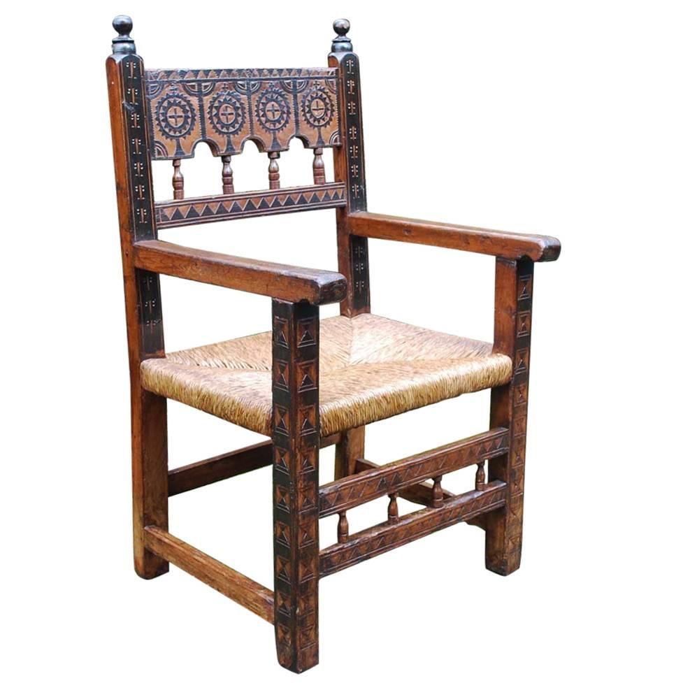 Grand fauteuil ou fauteuil espagnol du XVIIIe siècle en bois de pin du XVIIIe siècle
