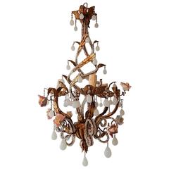 French Tole Beaded Roses and White Opaline Drops Chandelier