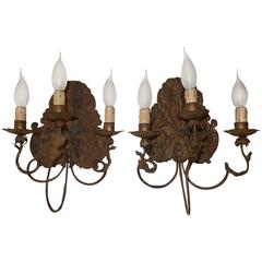 19th Century, French Brass Embossed Floral Sconces