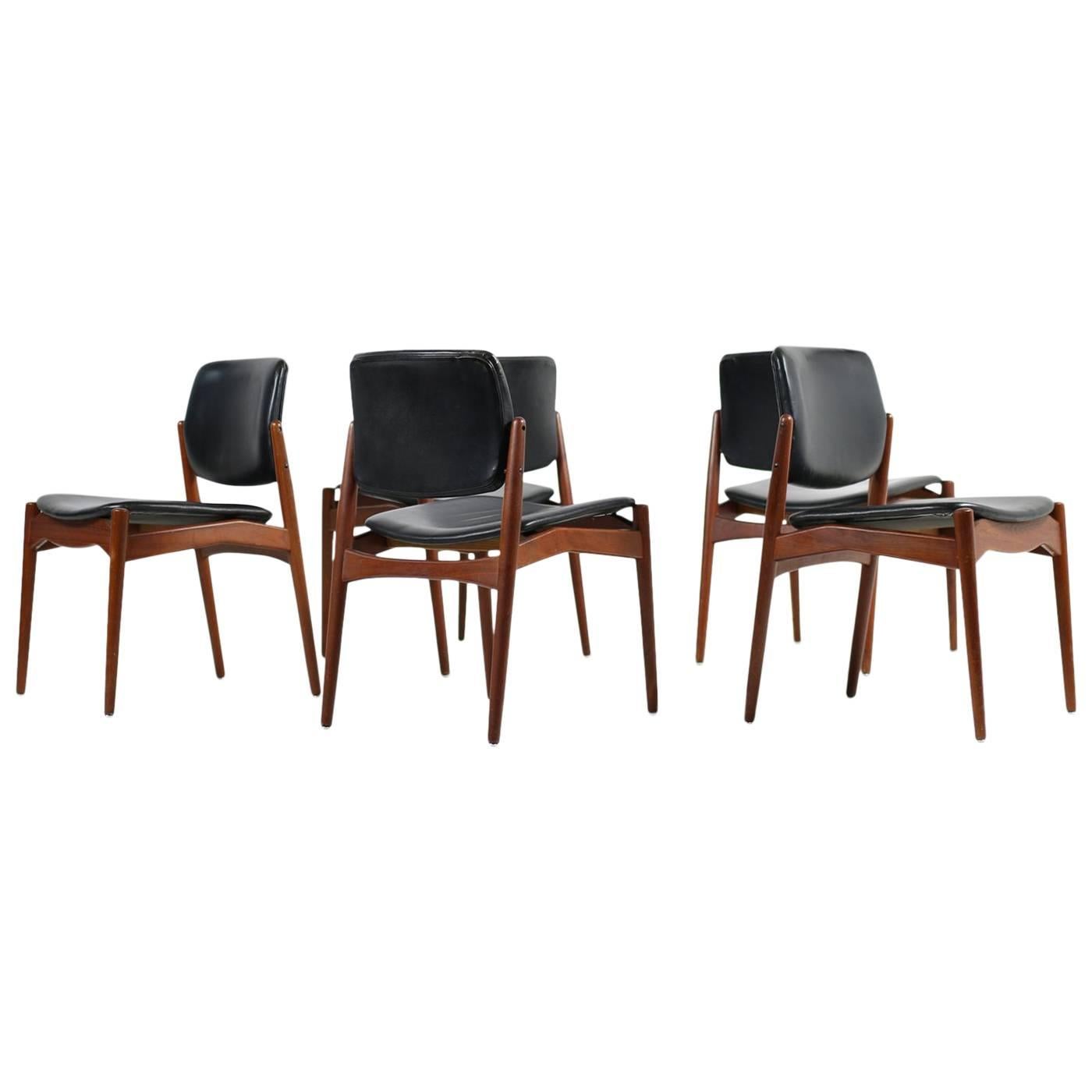 Set of Five 1960s Danish Erik Buck Teak and Leather Chairs Mod. 66 Ørum Møbler