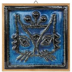 Blue Cat Tile Wall Relief Plate by Konrad Galaaen for Porsgrund, Norway