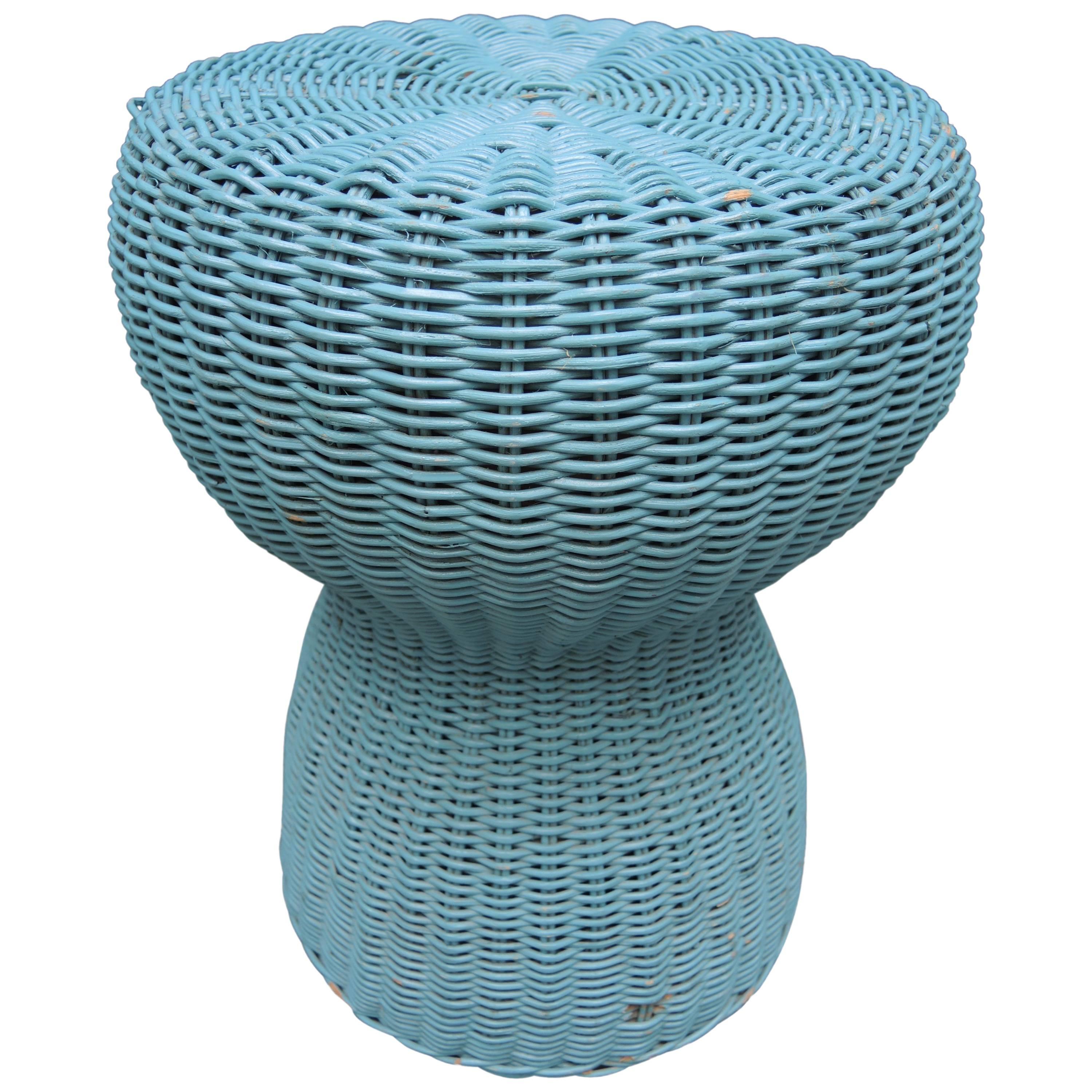 Vintage French Turquoise Blue Painted Wicker Side Table