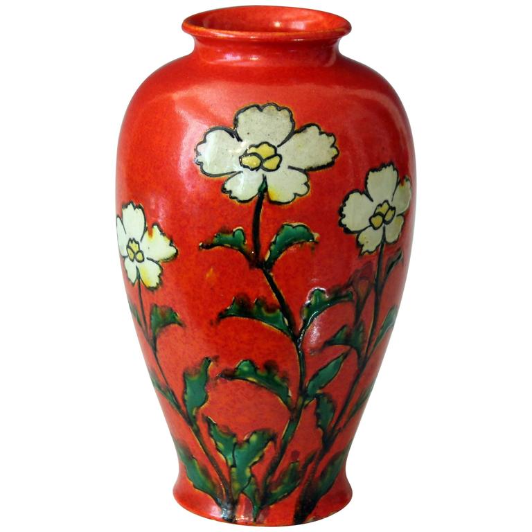 Awaji Pottery Chromium Orange Glaze Art Deco Flower Vase Hibiscus at