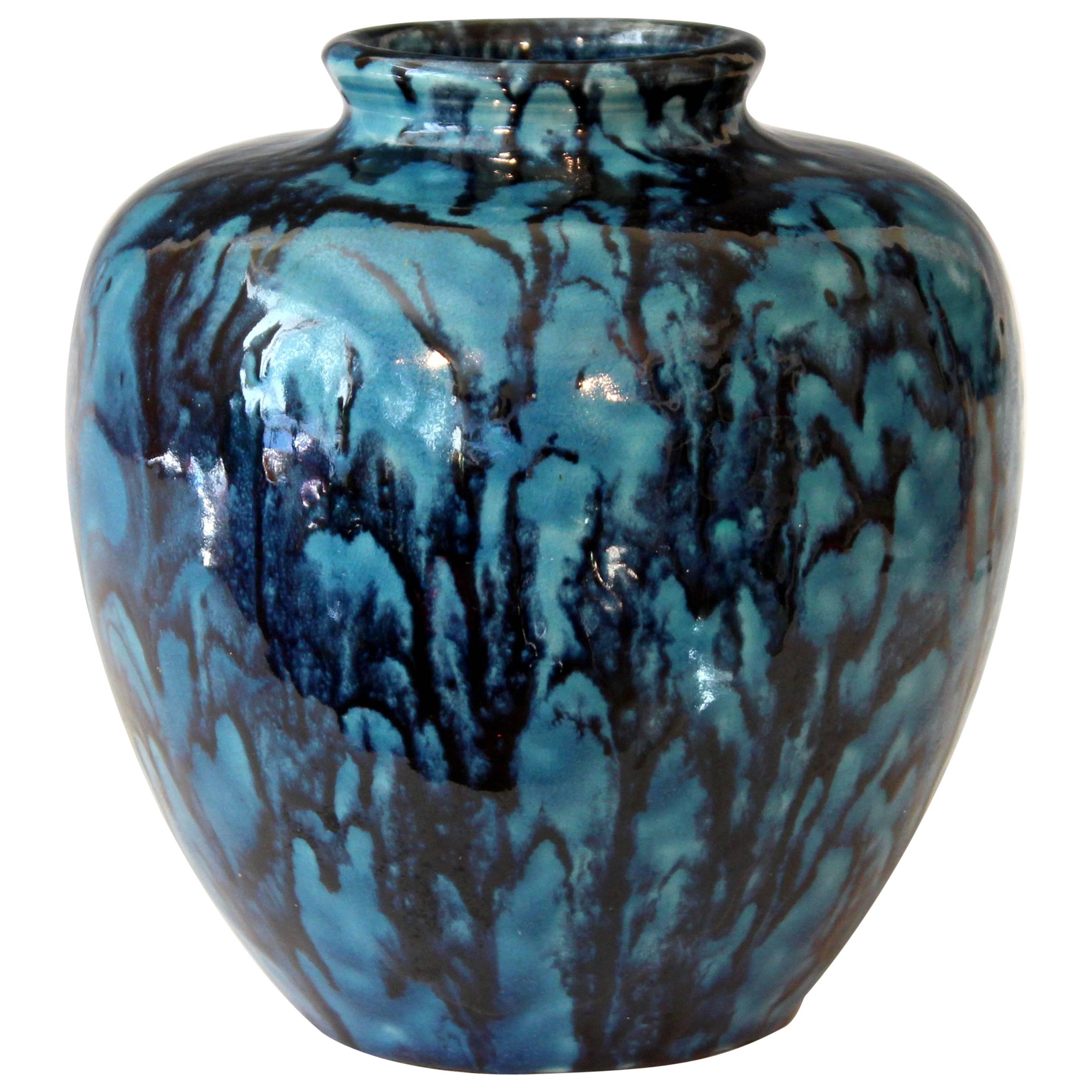 Awaji Pottery Turquoise and Blue Art Deco Flambe Drip Ginger Jar Vase