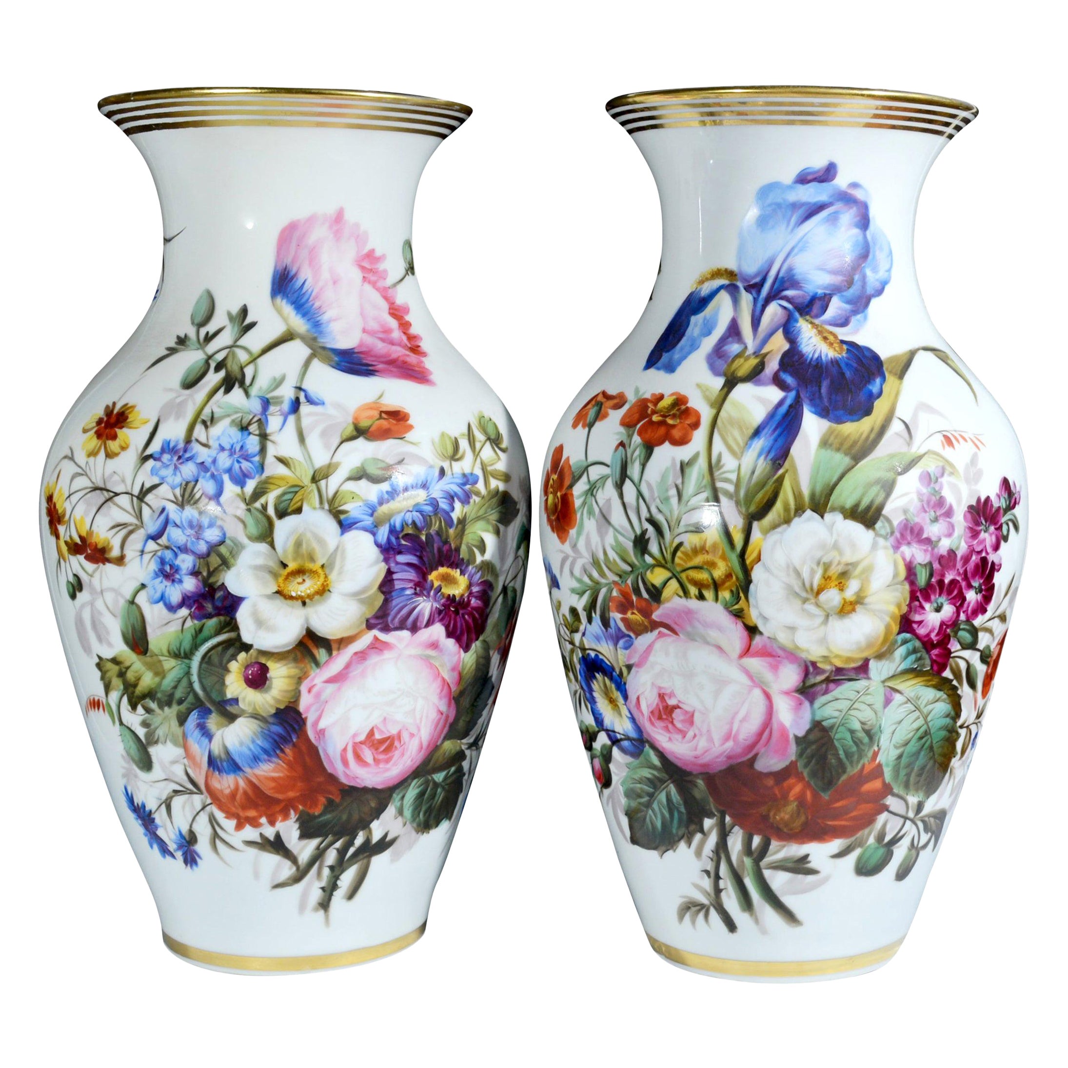 Paris Porcelain Botanical Vases, French, Mid-19th Century For Sale