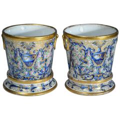 Antique Pair of Coalport Porcelain Miniature Cachepots and Stands, Early 19th Century