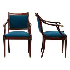 Pair of Wood Frame Directoire Chairs with Brass Hunting Dog Finials