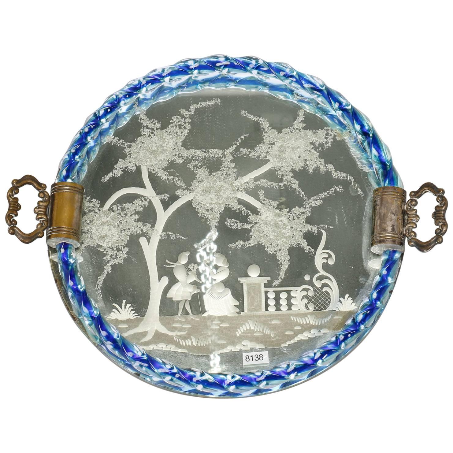 Venetian Etched Mirrored Dresser Tray with Blue Rim