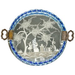 Vintage Venetian Etched Mirrored Dresser Tray with Blue Rim