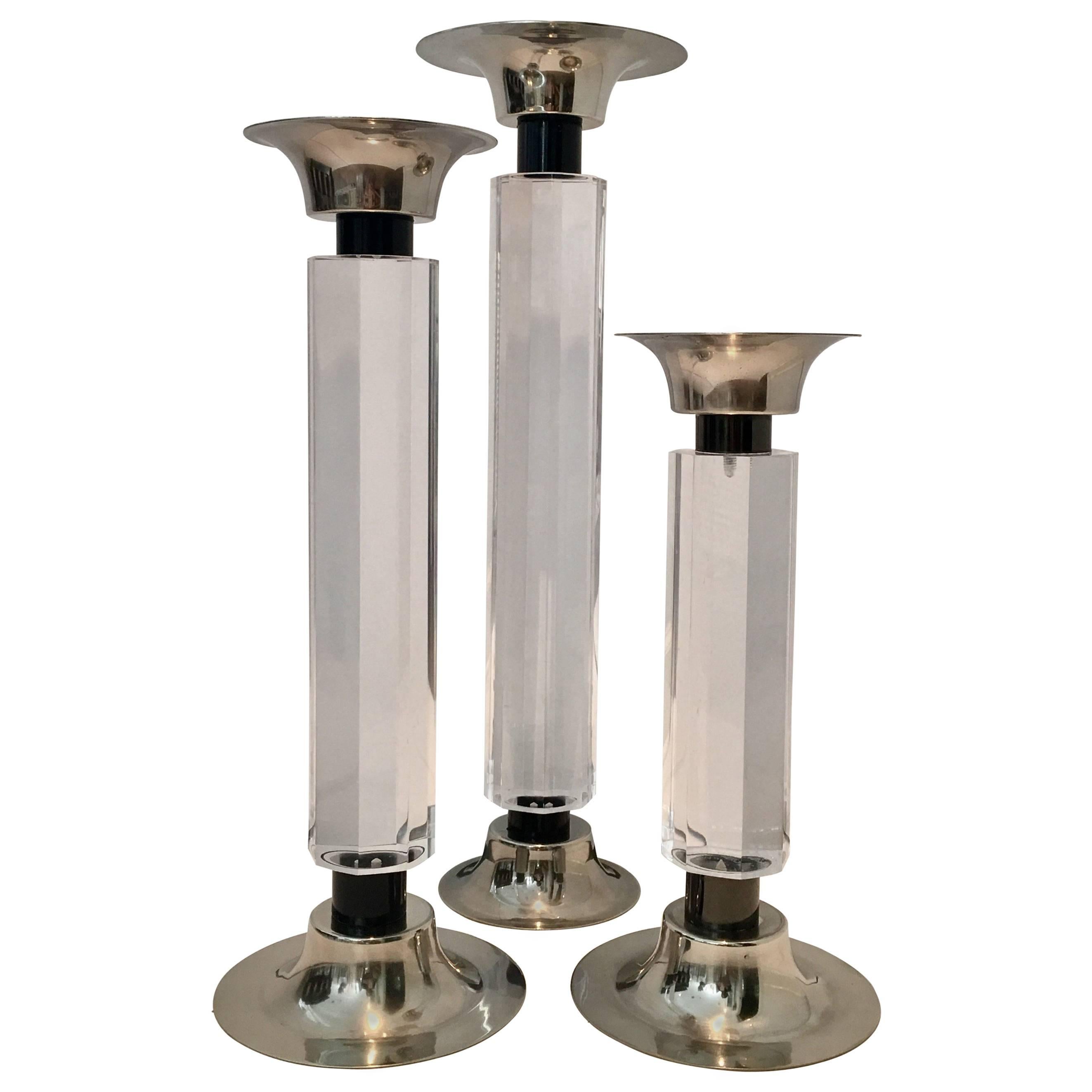 70'S Faceted Lucite & Polished Chrome Column Candle Holders S/3