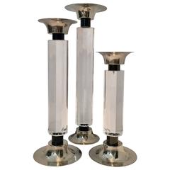 70'S Faceted Lucite & Polished Chrome Column Candle Holders S/3