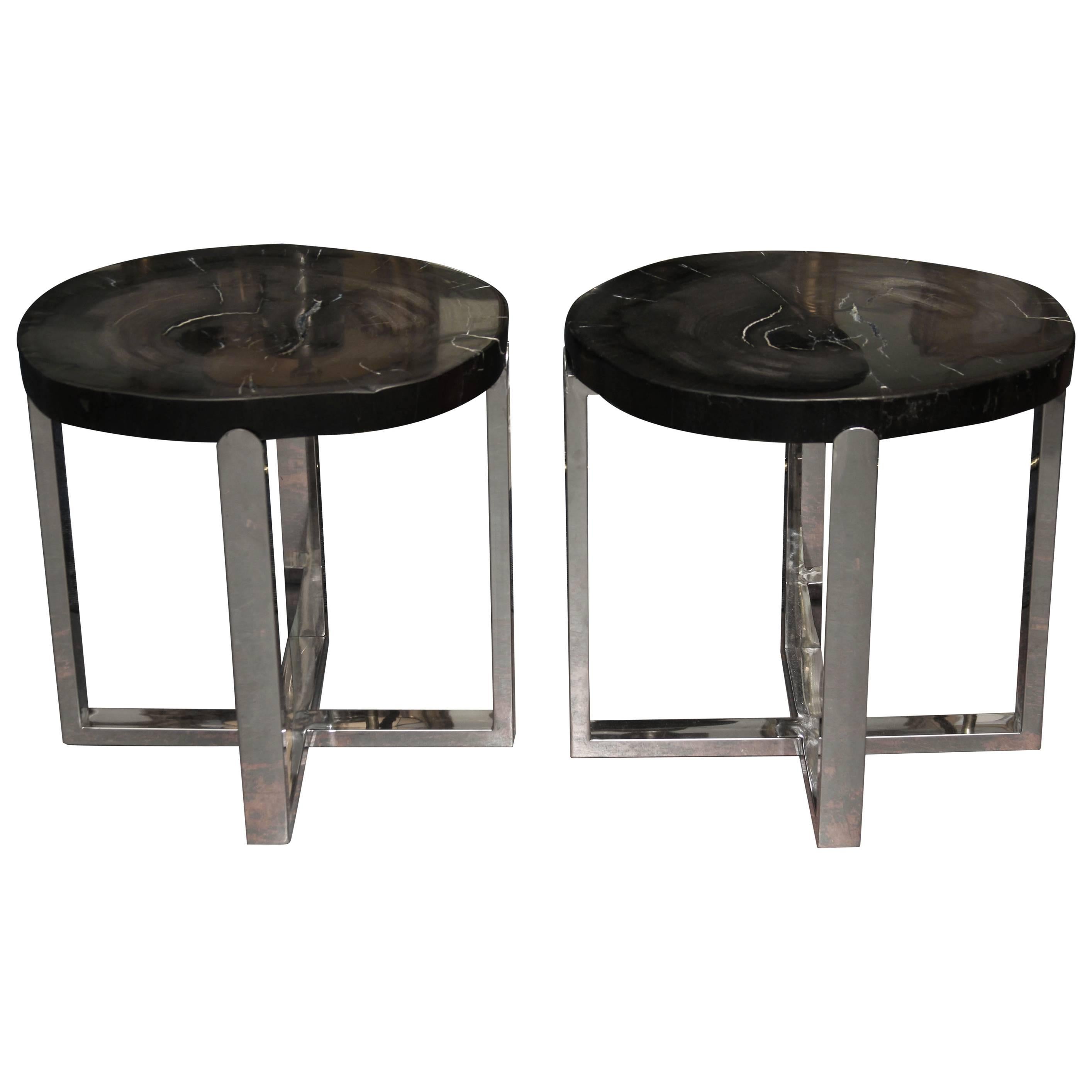 Pair of Black Stone Slab Side End Tables with Chromed Bases