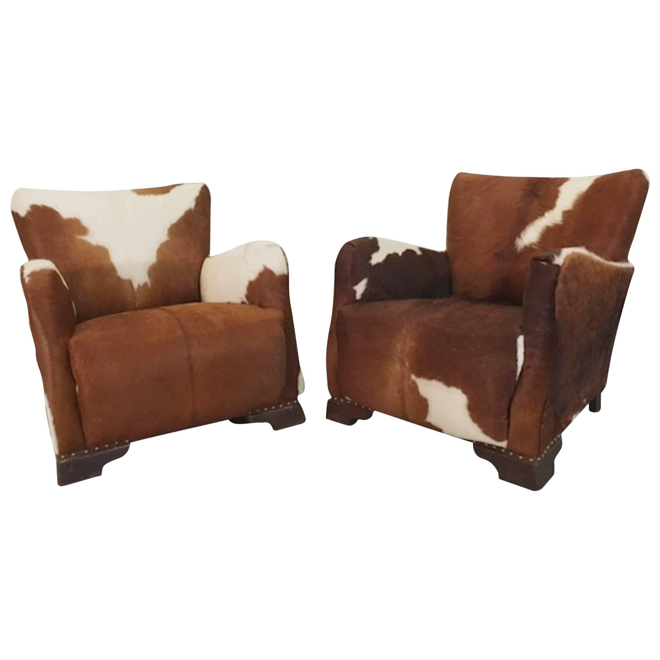 Pair of Unique French Smoking Chairs in Stunning Cowhide