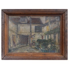 French Oil on Panel Painting of a Courtyard Mounted in a Walnut Frame