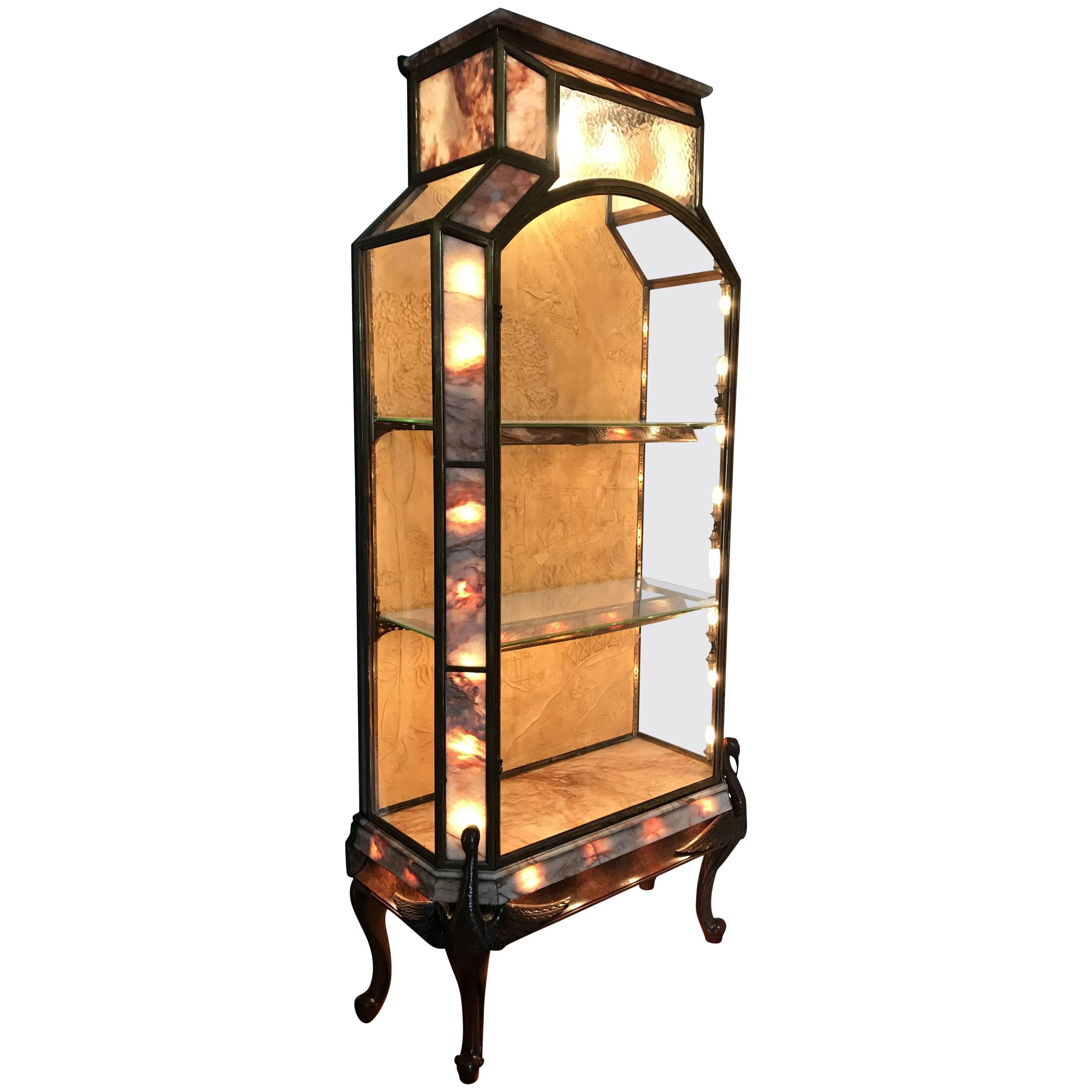 Stunning French Art Deco Bronze, Glass, Marble Carved Wood Vitrine-Display Case For Sale