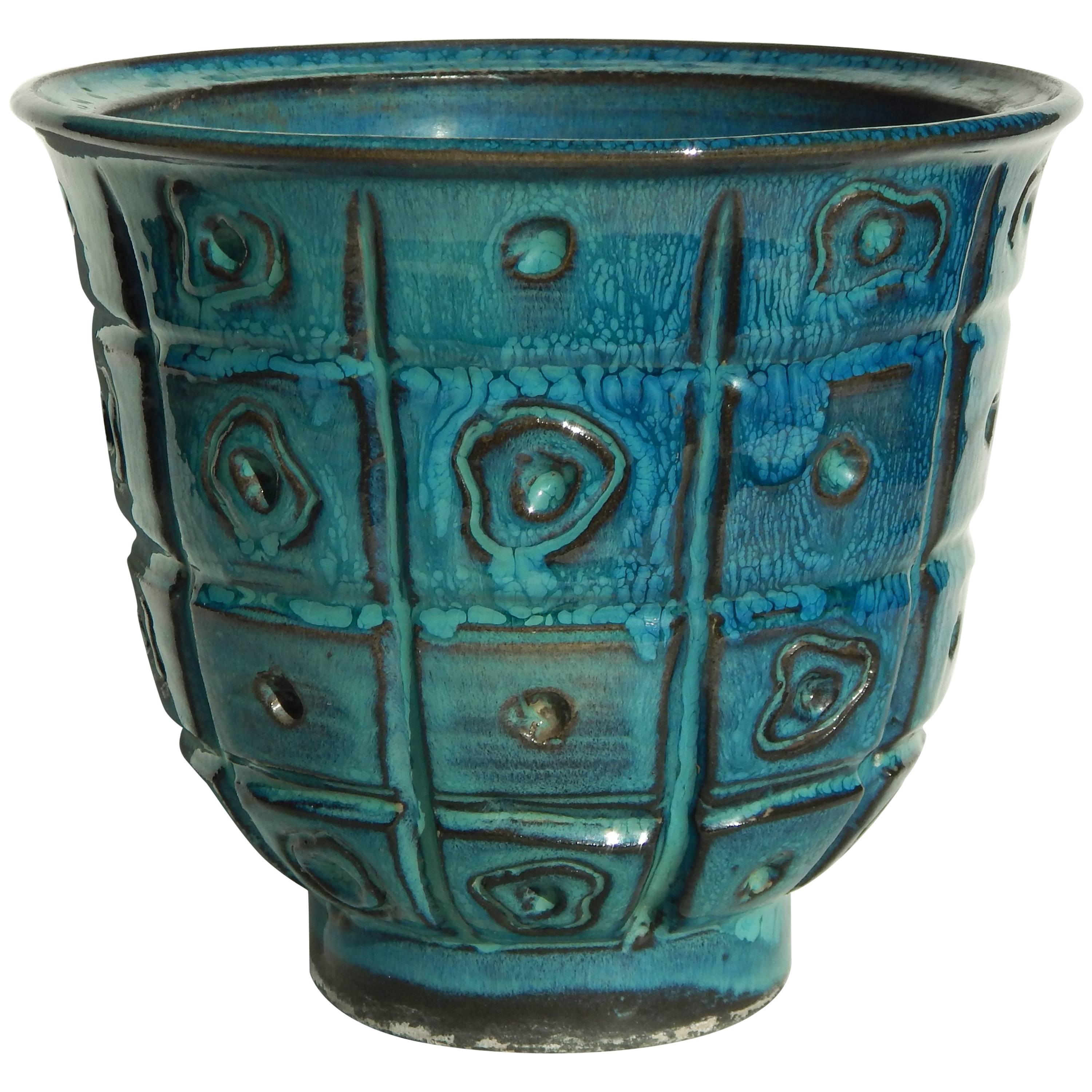 Portland Ceramist Ken Shores Blue Studio Vase, Geometric Design