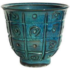 Portland Ceramist Ken Shores Blue Studio Vase, Geometric Design