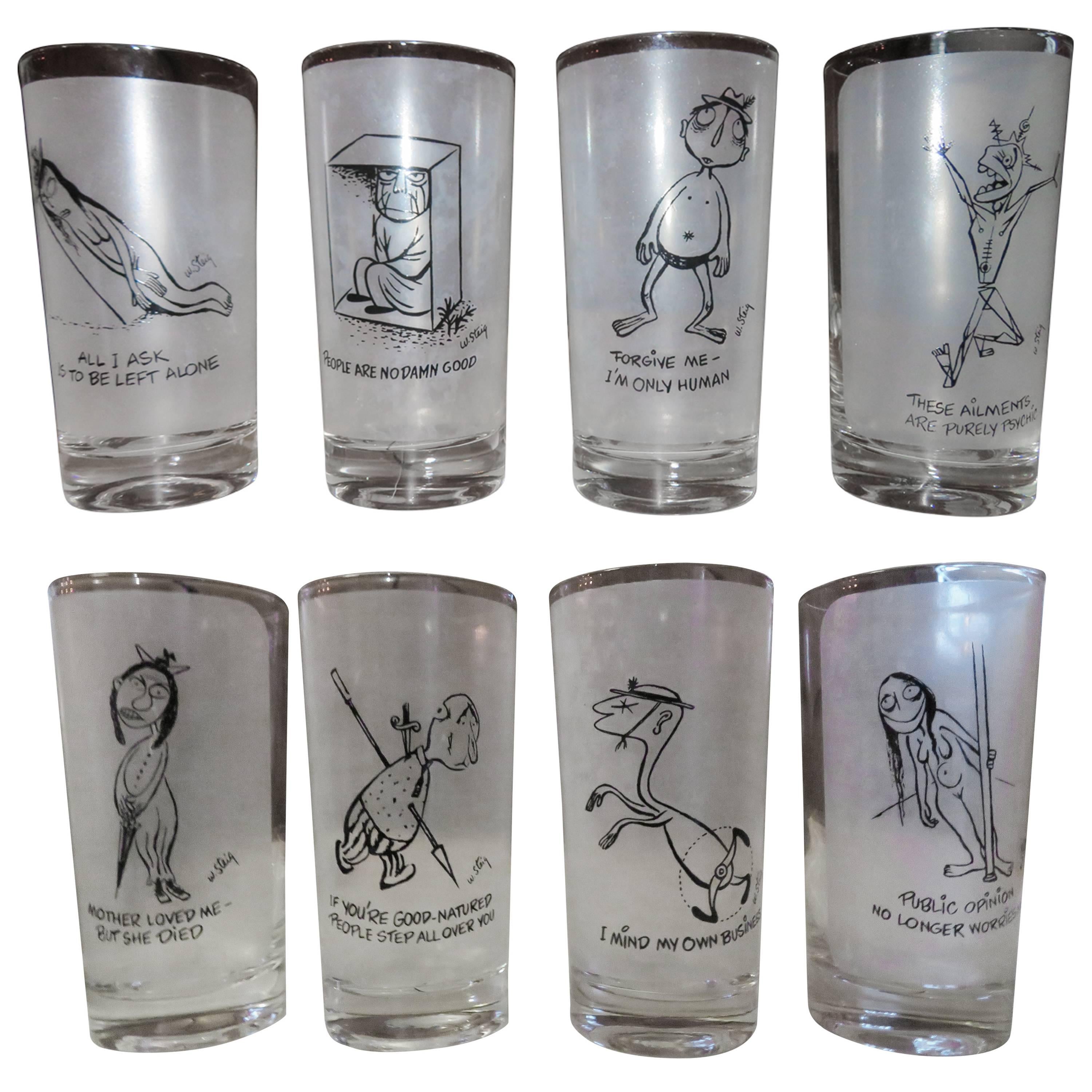 Huit verres longs vintage, William Steig, artiste, dessinateur, New Yorker en vente