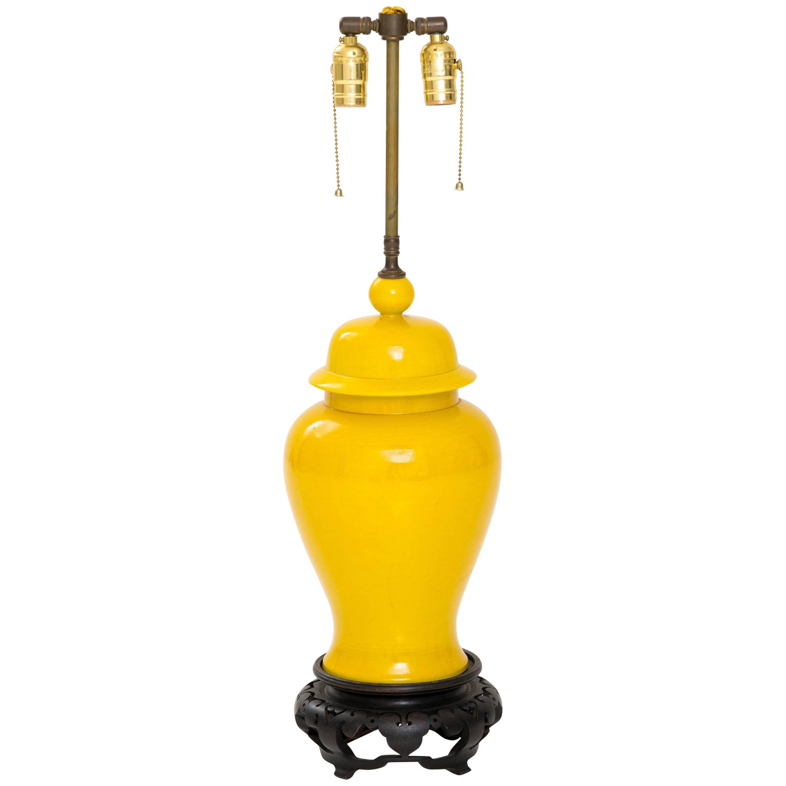 Vibrant Asian Style Yellow Ceramic Table Lamp For Sale