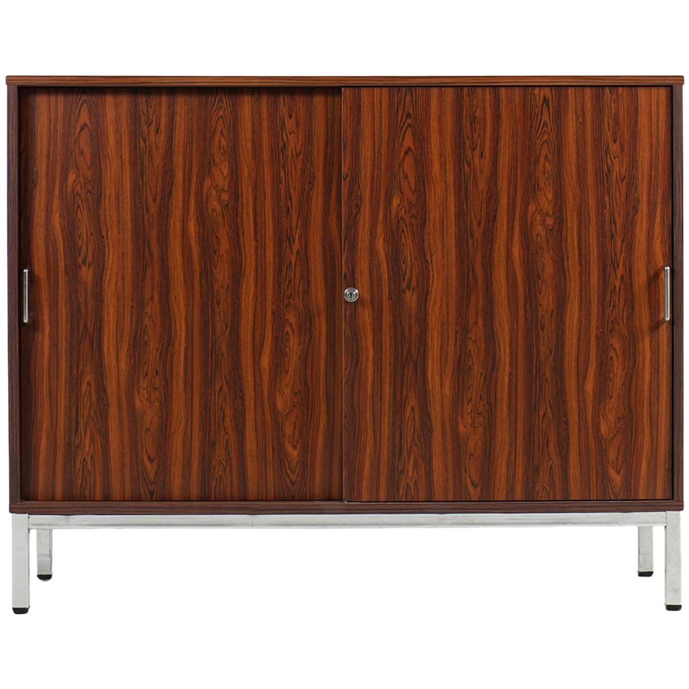 1970s Sideboard with Sliding Doors and Chrome Base Rosewood Metal Cabinet For Sale