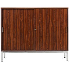 1970s Sideboard with Sliding Doors and Chrome Base Rosewood Metal Cabinet
