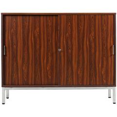 1970s Sideboard with Sliding Doors and Chrome Base Rosewood Metal Cabinet