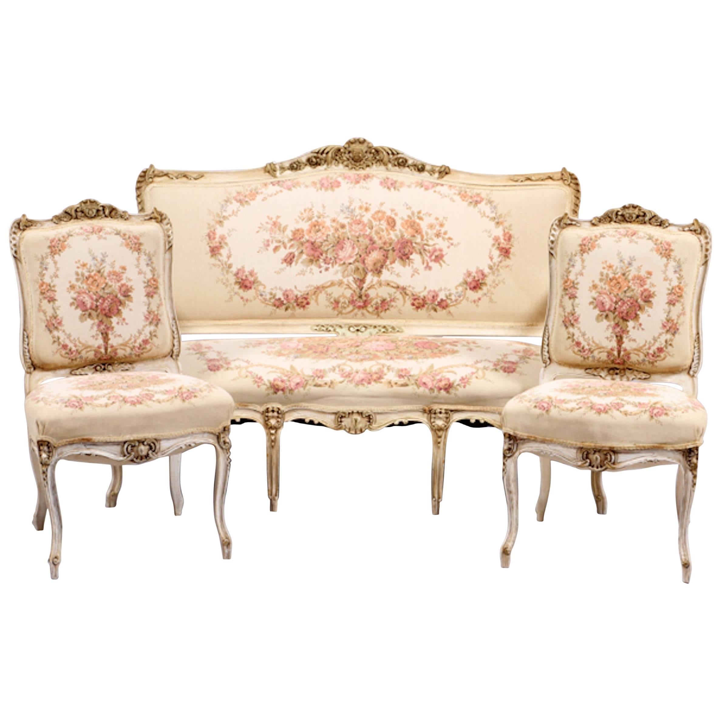 French Louis XV Settee and Side Chairs