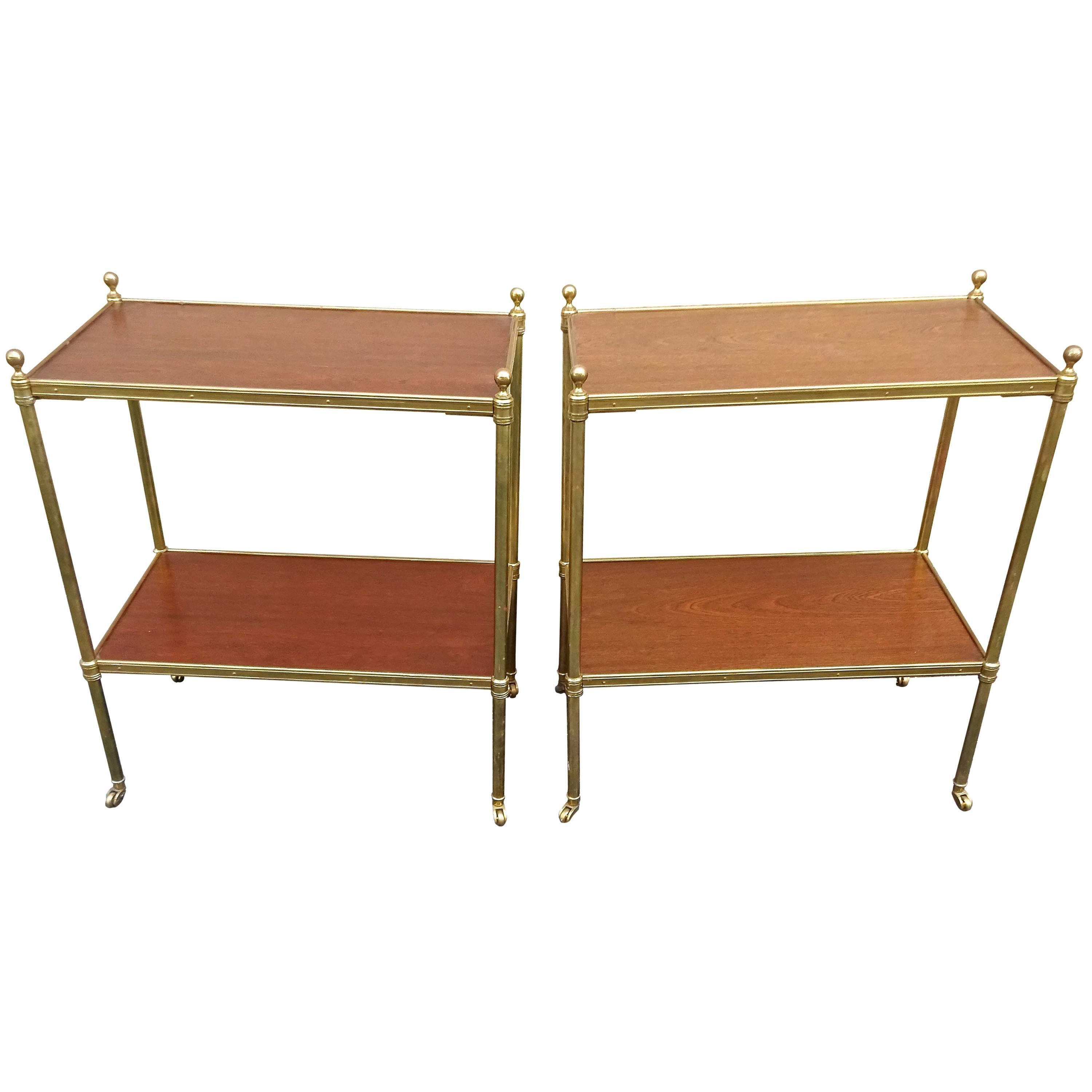 Chic Pair of 1960s, Italian Regency Style Mahogany and Brass Side Tables