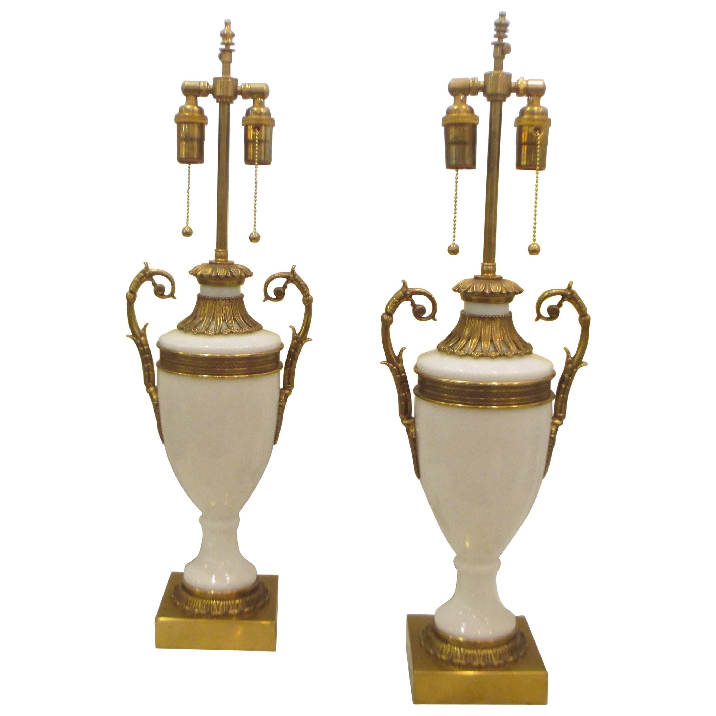 Pair of French Opaline Glass, Bronze-Mounted Lamps in the Neoclassical Manner