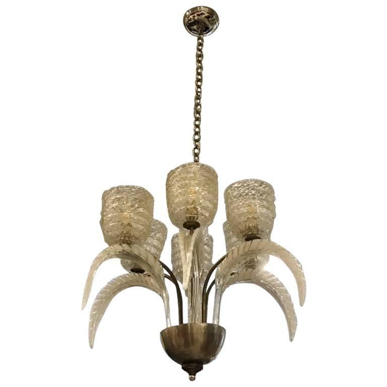 Italian Mid-Century Murano Glass and Brass Chandelier by Barovier e Toso For Sale