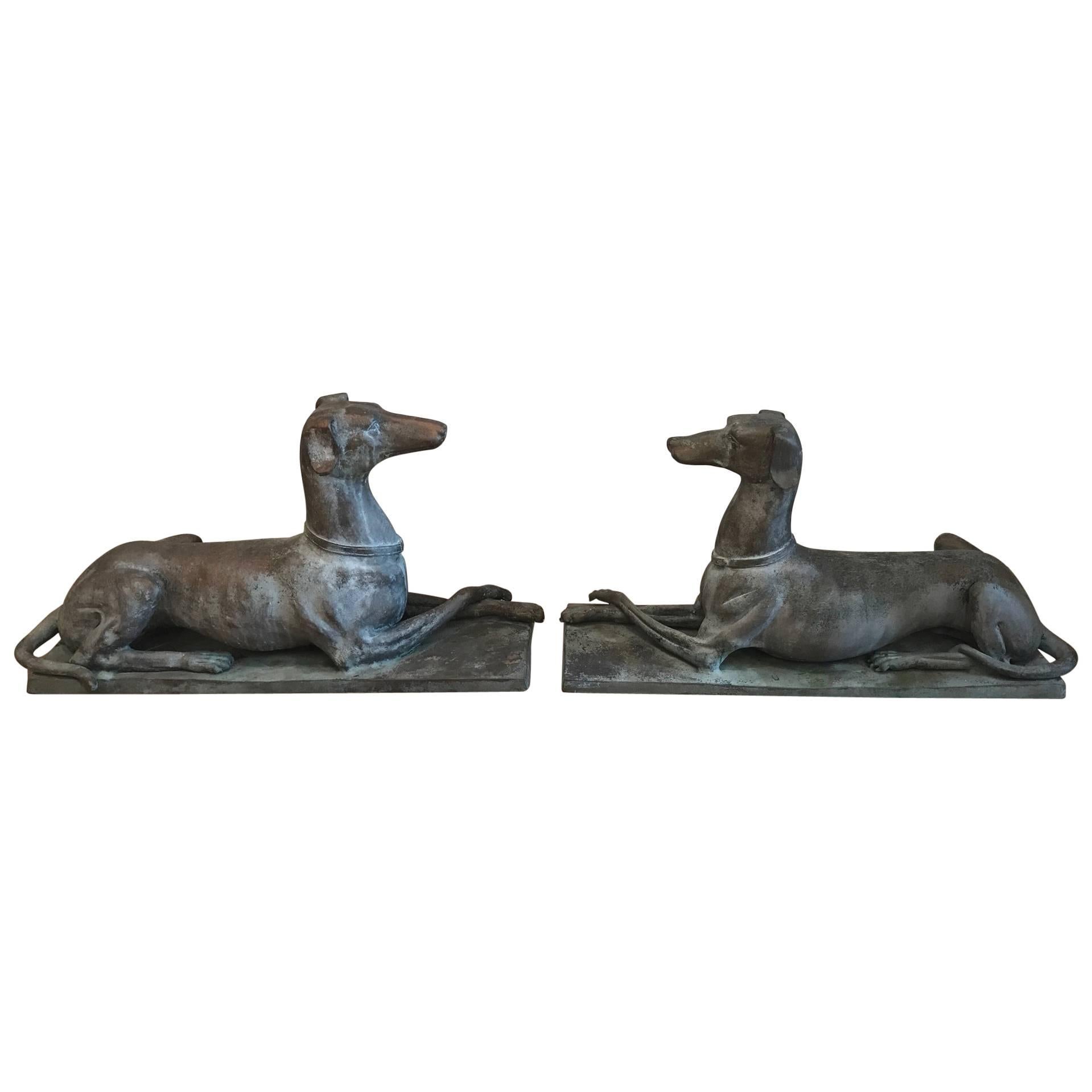 Pair of Bronze Whippets Garden Sculptures