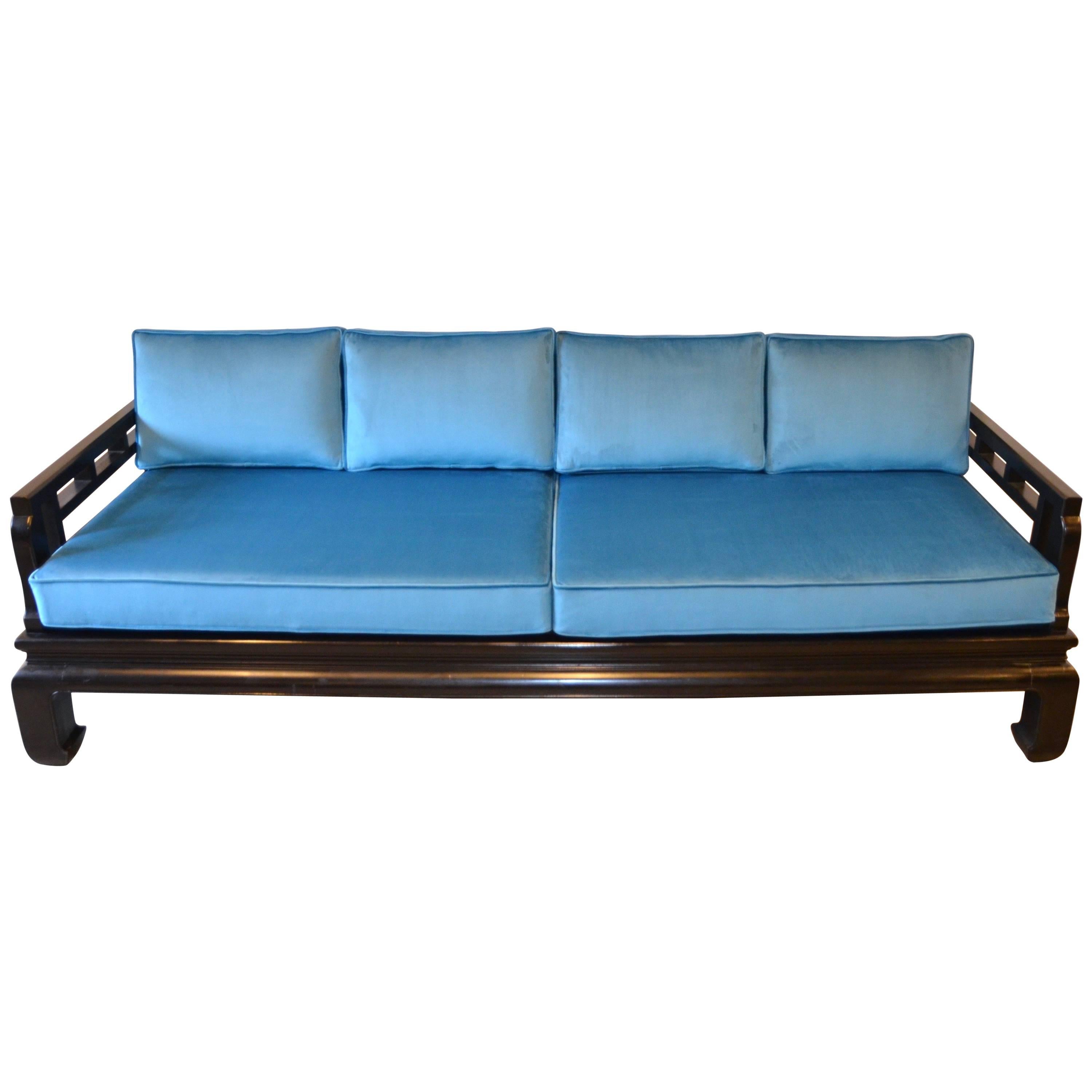 Black Lacquer Sofa Baker Style with Chippendale Fretwork and Blue Velvet