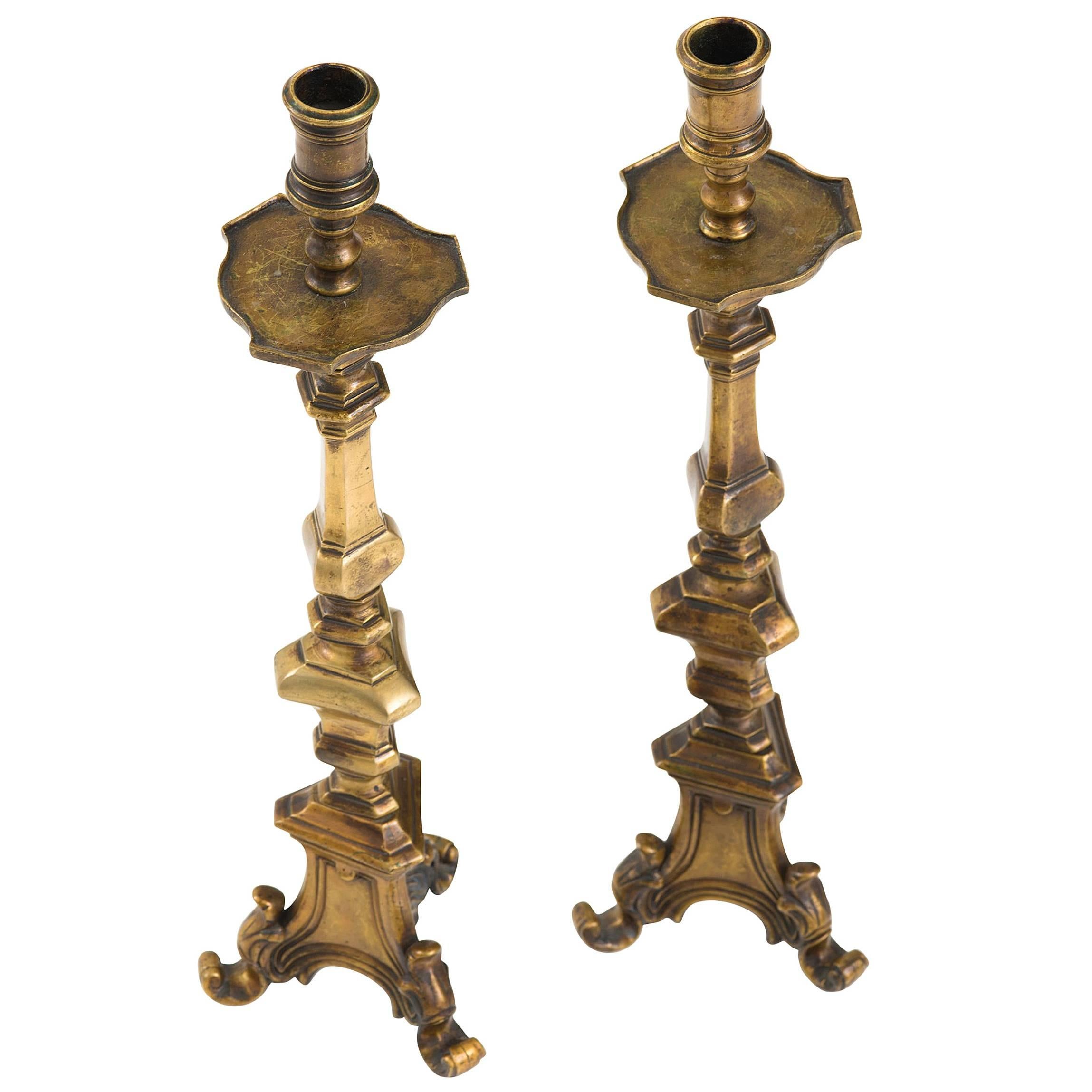 Pair of 18th Century Spanish Bronze Candlesticks For Sale