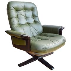 Mid-Century Retro Danish Georg Thams Green Leather Swivel Lounge Armchair, 1970s