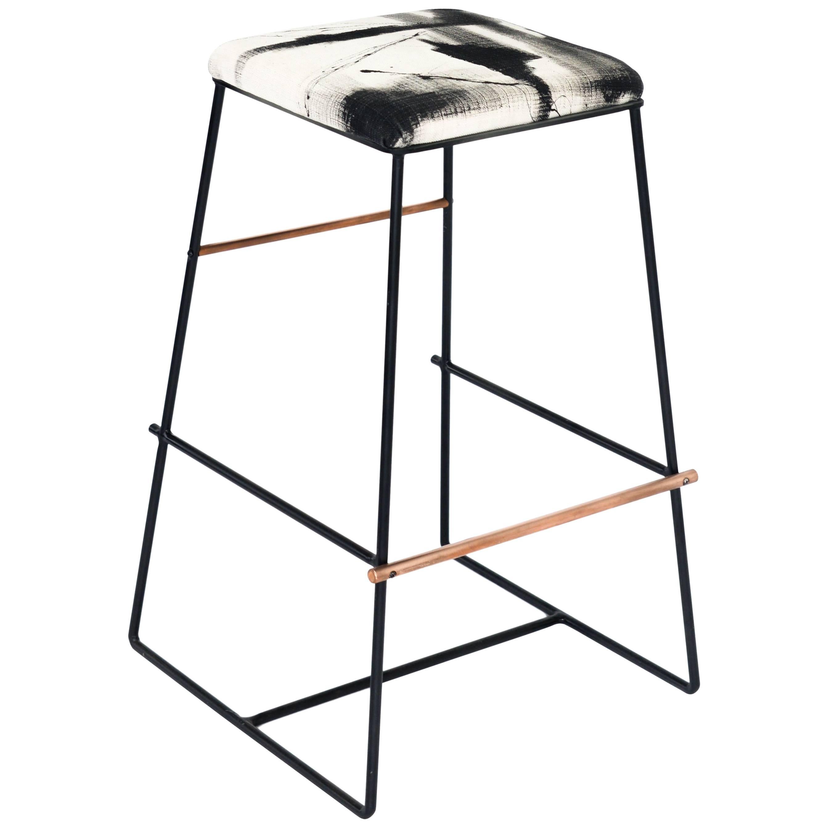 Black and Copper Metal Bar Stool with Custom Hand-Painted Upholstery