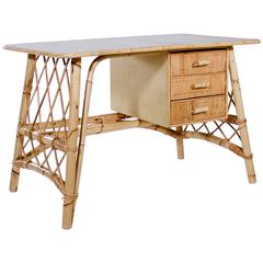 Cane and Rattan Riviera Style Writing Table Probably by Louis Sognot